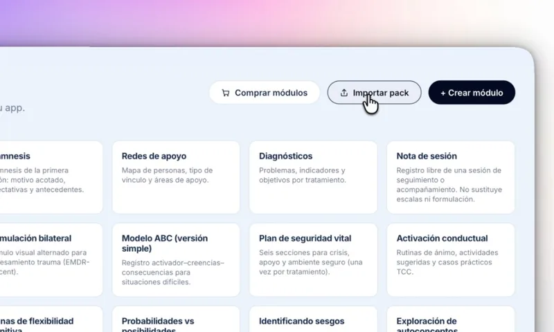 Librería de módulos de Telar con el cursor sobre Importar pack