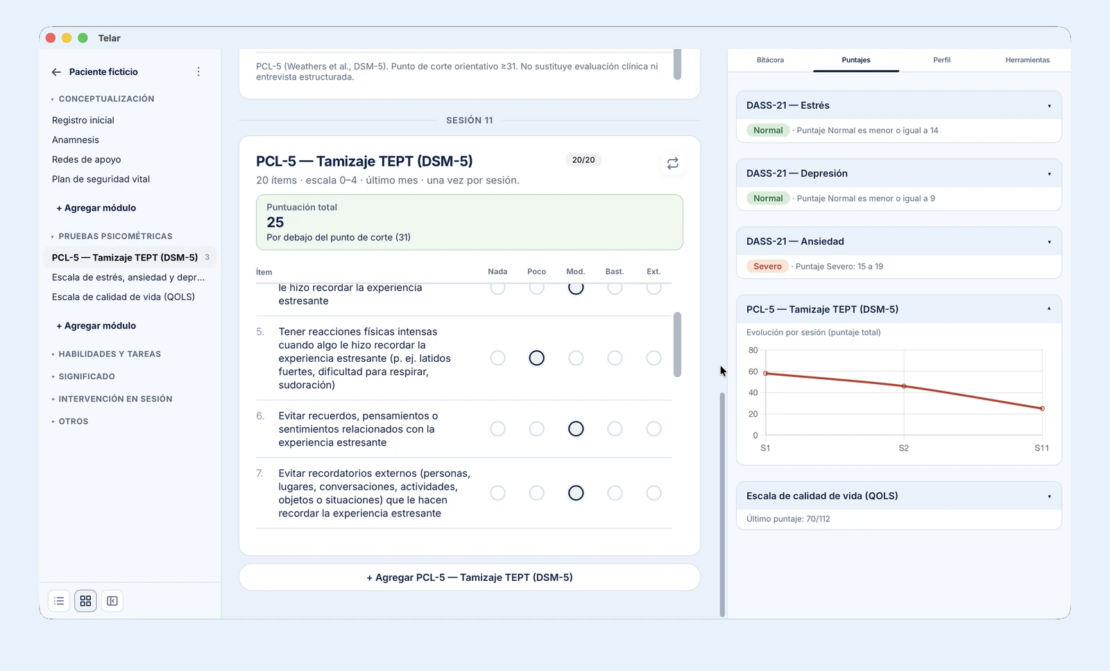 PCL-5 puntuada en Telar, con interpretación automática y curva de evolución por sesión