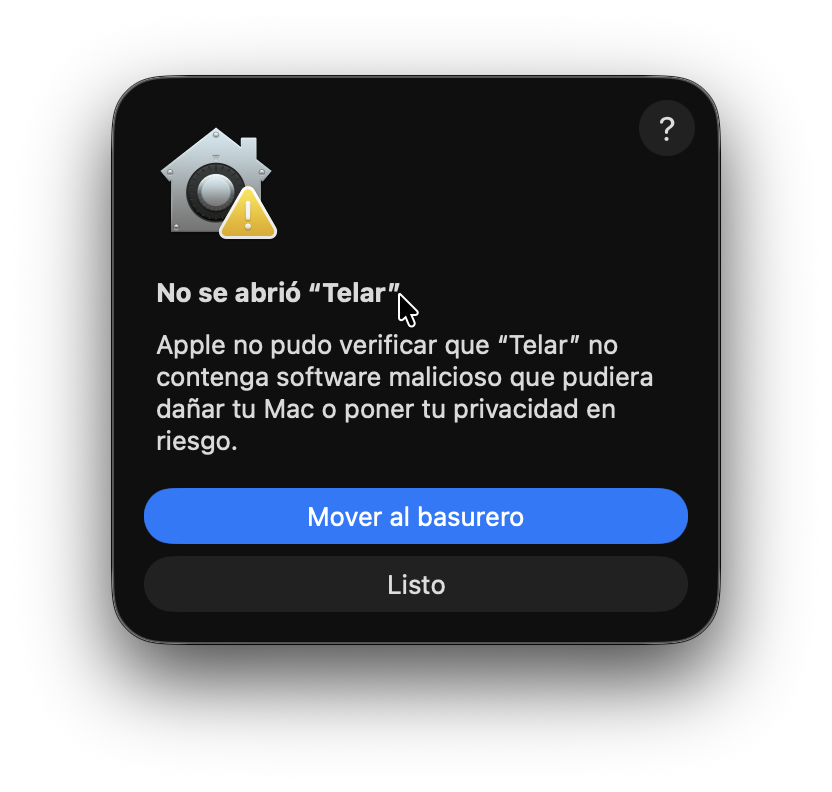 Diálogo de macOS: No se abrió Telar, con opciones Mover al basurero y Listo