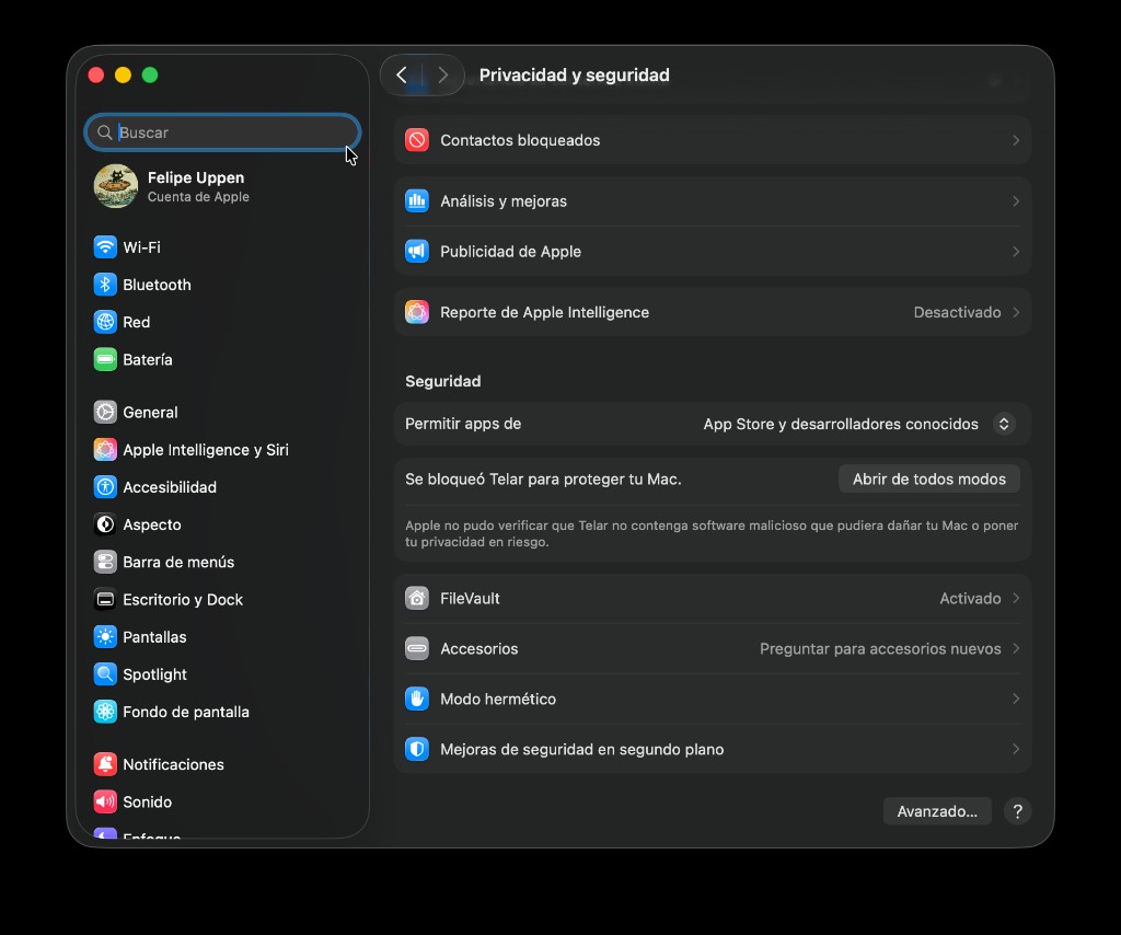 Ajustes del Sistema en macOS, sección Privacidad y seguridad, con botón Abrir de todos modos para Telar