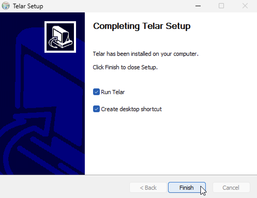 Asistente Telar Setup: pantalla final con opciones Run Telar y Create desktop shortcut