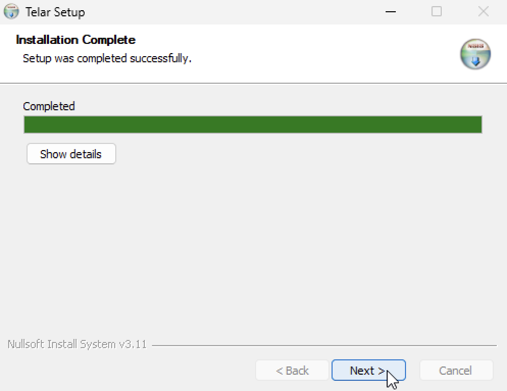 Asistente Telar Setup: barra de progreso al 100% con Installation Complete