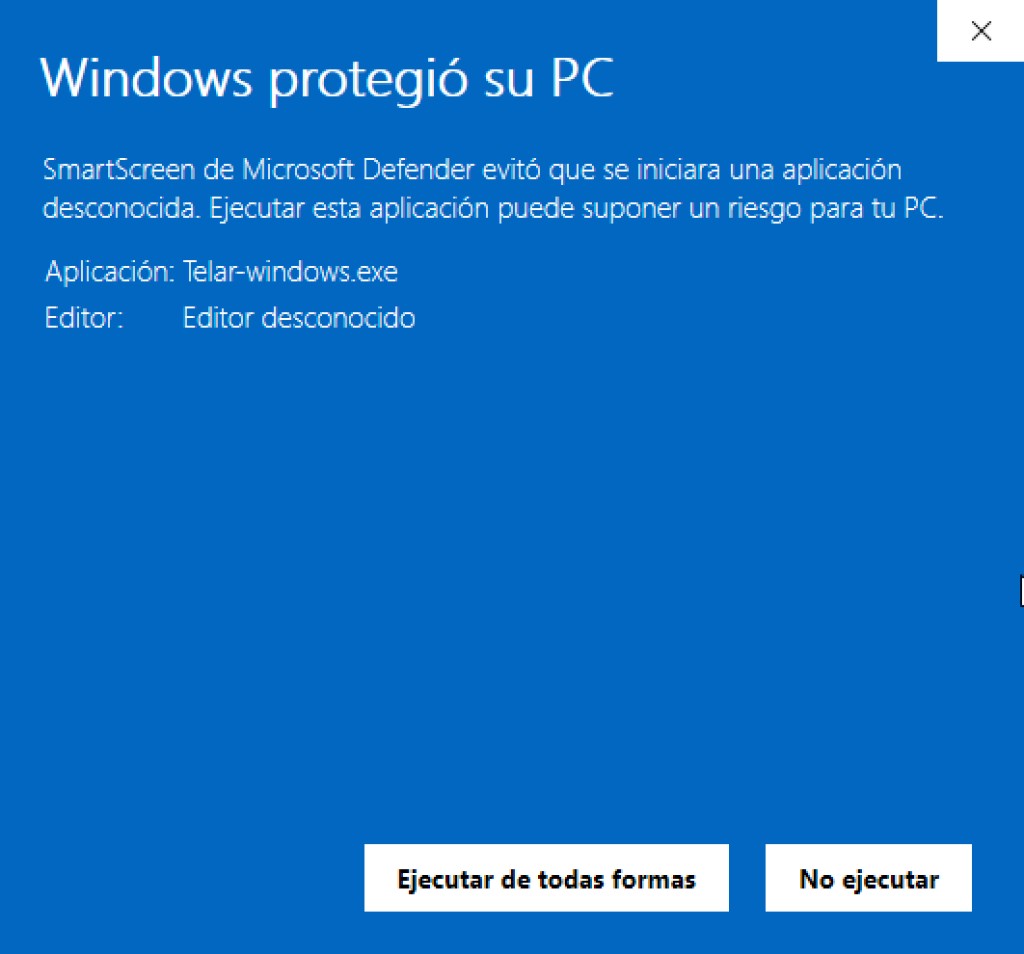 SmartScreen de Windows con botón Ejecutar de todas formas para Telar-windows.exe