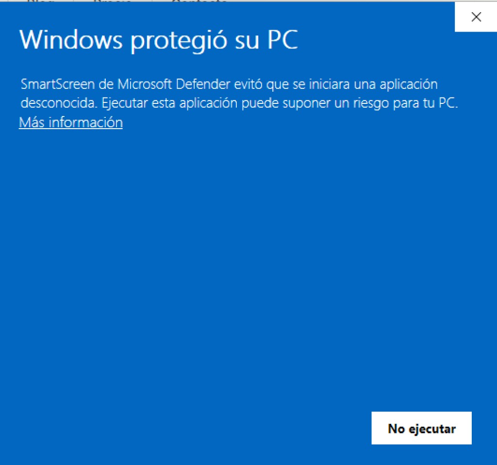 SmartScreen de Windows: Windows protegió su PC, con enlace Más información