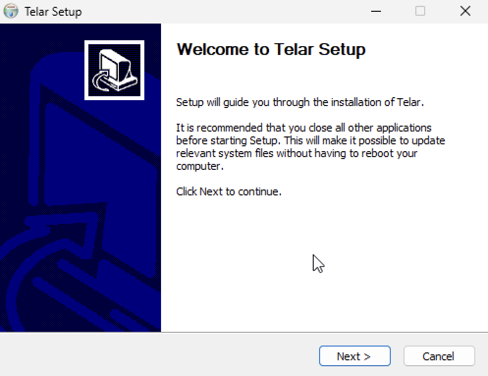 Asistente Telar Setup: pantalla de bienvenida con botón Next