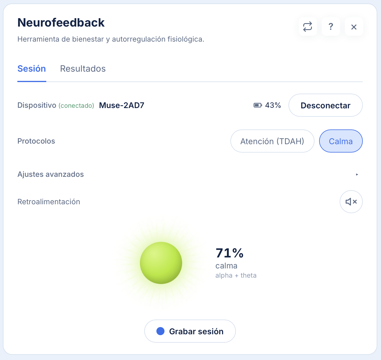 Neurofeedback en Telar con Muse 2 conectado y protocolo Calma activo